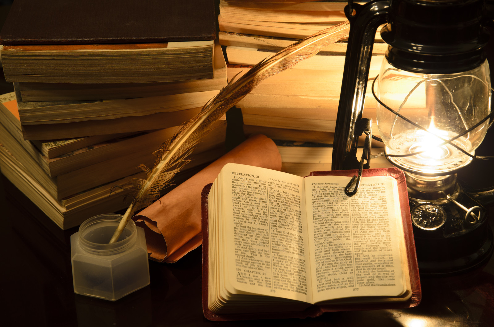 Vintage BIble Study with Glasses & Lamp